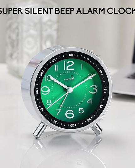 FLOITTUY Super Silent Metal Alarm Clock,Beep Wake Round Alarm Clock with Strip Night Light,Battery Operated,Easy Set,Simple & Retro for Desk, Bedroom and Home Decoration(Emerald Green)