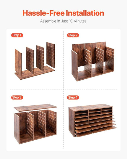 VEVOR Literature Organizer, 24 Compartments Office Mailbox with Removable Shelves, Wooden Mailbox Sorter Particle Board Office Home Classroom Storage, File Sorter for Documents, Papers, Retro Brown