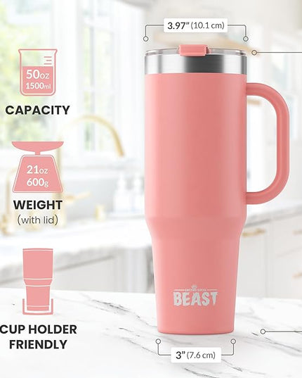 Beast 50 oz Tumbler with Handle Stainless Steel Vacuum Insulated Coffee Ice Cup Double Wall Travel Flask (Blossom Pink)