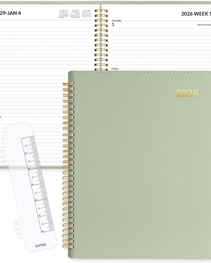 SUNEE 2026 Planner, Weekly and Monthly Calendar Planner 9"x11.2"- 12 Month (January 2026 - December 2026), Vegan Leather Cover, Pocket, Bookmark, Notes, Monthly Tab, Sage Green
