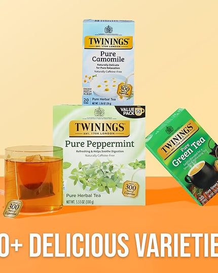 Twinings Pure Peppermint Herbal Tea Individually Wrapped Bags, 50 Count (Pack of 6), Fresh Minty Flavour, Naturally Caffeine-Free, Enjoy Hot or Iced, 300 Teabags