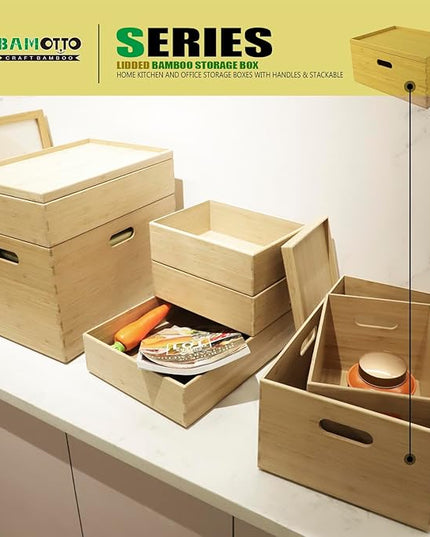 BAMOTTO Lidded Bamboo Storage Bins & Box/Cube/Basket, Home Kitchen and Office Storage Boxes with Handles & Stackable for Organizer Tableware, Clothing, Toys, Office Shelf Books, 14.6”x10.2”x6.5”