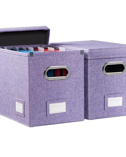 PRANDOM File Organizer Box - Set of 2 Collapsible Decorative Linen Filing Storage Hanging File Folders with Lids Office Cabinet Letter Size Purple (14x9.3x10.8 inch)