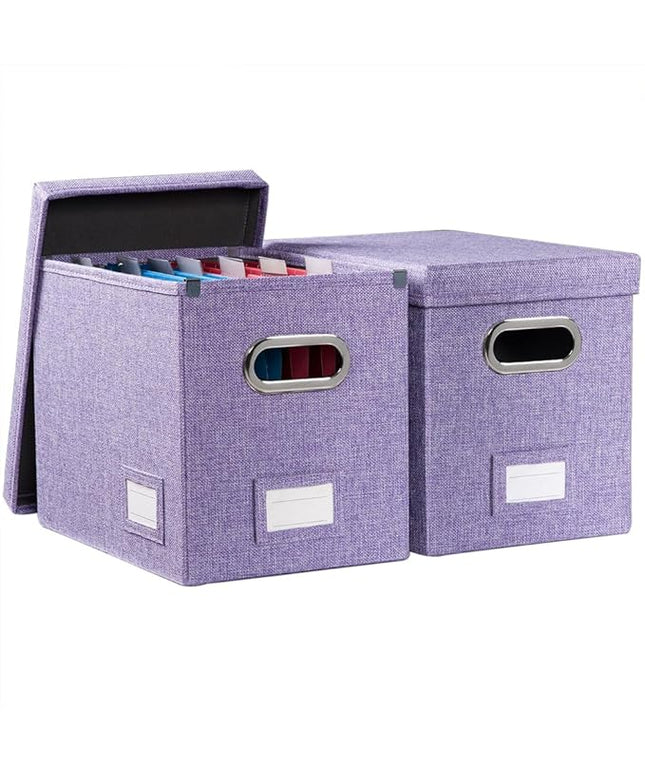 PRANDOM File Organizer Box - Set of 2 Collapsible Decorative Linen Filing Storage Hanging File Folders with Lids Office Cabinet Letter Size Purple (14x9.3x10.8 inch)