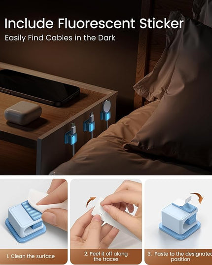 6 Pack Magnetic Cable Clips, Glow in The Dark Cable Holders, GolbinBox Cord Organizer with Shockproof Silicone, Fits up to 8mm Adhesive Cord Clips for Desk, Wall, Nightstand, Car, Home, Office, Blue