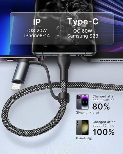 XUDUO 4-in-1 USB C Cable Lightning Cable 60W [Fast Charging & Data Sync] 6FT Multi Charger Cable Charging Cord Lightning/Type C/USB A Ports for iPhone 17 16/15/15 Pro/15 Plus/15 14 Pro Max