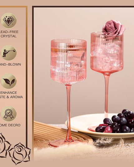 Pink Square Wine Glasses Set of 6, Elegant Ribbed Design Colored Crystal Glassware with Long Stem, 11.5oz Hand Blown Stemware For Red & White Wine Home Bar Party