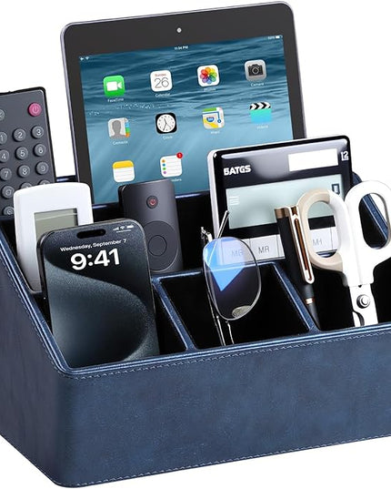 MEIBOOCH PU Leather Desk Organizer, Luxury Remote Control Holder for Home, Office Desk Accessories Table Caddy Bedside Nightstand Organizer (Dark Blue)