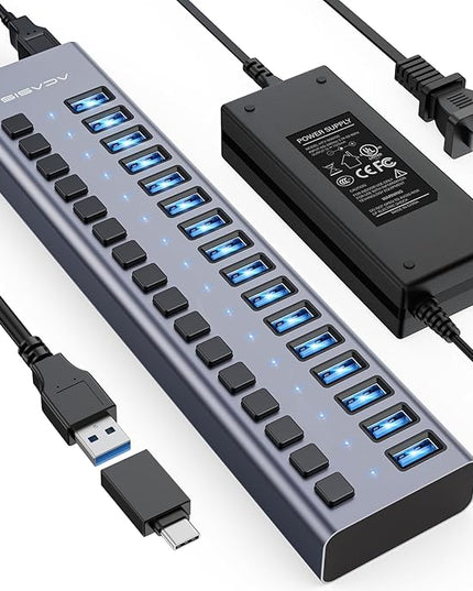 Powered USB 3.0 Hub, ACASIS 16 Ports USB 3.0 Hub with 5Gbps Data Speed，Aluminum Housing, USB Hub Powered with 90W Power Adapter, USB Hub for PC/Laptop, Computer, Flash Drive, Printer, Camera