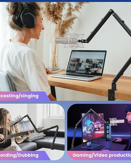 Adjustable Microphone Boom Arm for Lightweight Mics, 30-inch Rotatable Desk Stand with Cable Management & 3/8" 5/8" Threads, Space-Saving Design for Streaming, Podcasting, Gaming (Black)