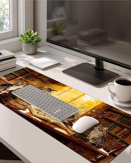 XL Mouse Pad 31.5 x 11.8 Inch Gaming Mousepad Diatomite Large Keyboard Mouse Pad for Home and Office Desk Accessories with Cozy Library Cat Study Artwork