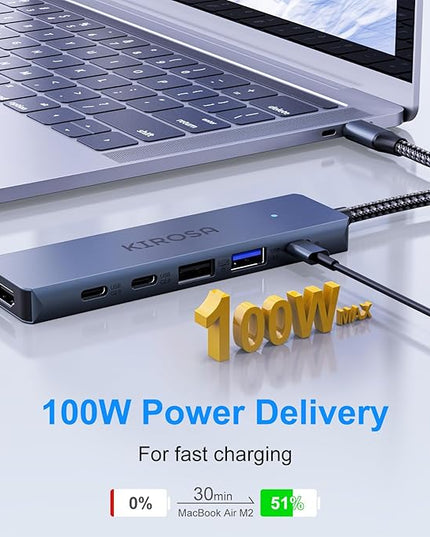 9IN1 USB C Hub Multiport Adapter for MacBook Pro Air: KIROSA USB C to 4K HDMI Hub Dongle with 100W PD USB3.0 - Portable USBC Hub Compatible with Laptops and Other Type C Devices