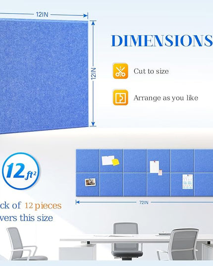 DOLLAR BOSS Large Cork Board for Wall 48" x 36" x 0.5" Bulletin Board 12 Packs Corkboard Tiles Self Adhesive Felt Wall Tiles for Office Home School, Blue