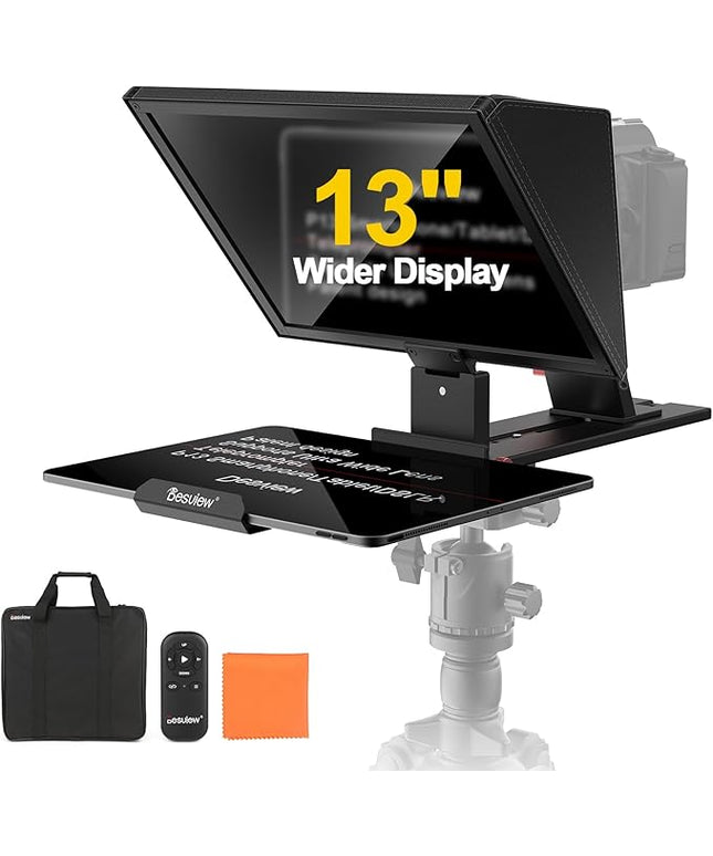 Desview P13 Portable Teleprompter for Camera Compatible with 12.9" Tablets Wireless Remote Control Foldable Sun Hood Lightweight (1.7kg) for Video Recording Vlogging Live Streaming