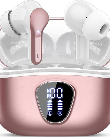 Wireless Earbuds, Bluetooth 5.4 Headphones HiFi Stereo, Bluetooth Earbuds with ENC Noise Cancelling Mic, IP7 Waterproof in Ear Earphones, 48H, LED Display Ear buds for Pad Phones Workout, Rose Gold