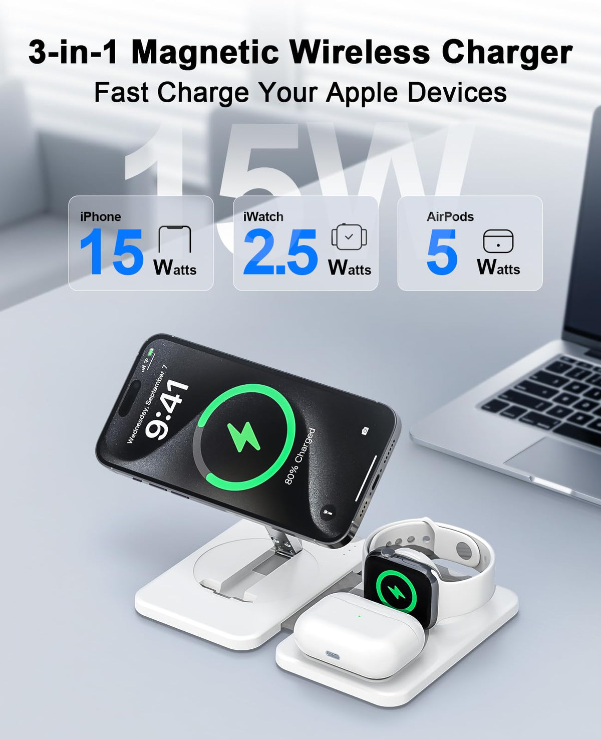 3 in 1 Magnetic Wireless Charger for Apple Multiple Devices, Foldable Fast Charging Station - Magsafe Charger Stand, Travel Charger Pad for iPhone 17 16 15 14 13 12 Series/Apple Watch/AirPods Pro