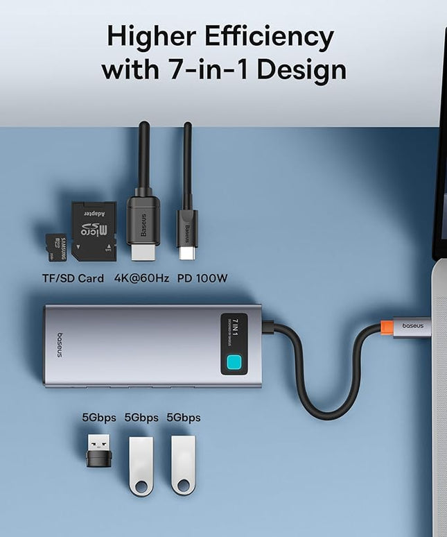 Baseus USB C to HDMI Adapter, 4K@60Hz USB C Docking Station, 7 in 1 USB C Hub with 3 USB-A, PD 100W, TF/SD Card Reader, Compatible for iPhone 15/Mac/Dell/Acer/HP/ASUS/Steam Deck/Rog Ally
