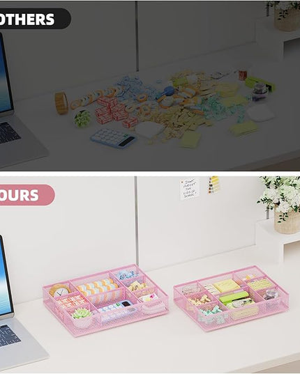 Marbrasse 2 Pack Desk Drawer Organizer, Mesh Drawer Organizer Tray with 8 Adjustable Compartments, Desk Organizers and Accessories, 5 Dividers Drawer for Office Supplies, Makeup & Vanity (Pink)