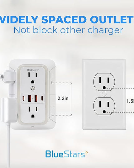 Wall Mount Power Strips Wall Charger 6 Outlet Extender 4 USB Ports (5V, 2.4A, 12W) and Night Light 3-Sided Power Strip with Adapter Spaced Outlets - Multi Plug Outlet Surge Protector for Home Office