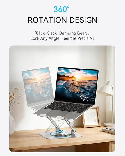 SOUNDANCE Laptop Stand with 360° Rotating Base, Ergonomic Computer Riser for Desk, Adjutable Height Muti-Angle, Foldable Laptop Mount, Stable Metal Holder Support 10-15.6" Notebook PC, Silver Grey