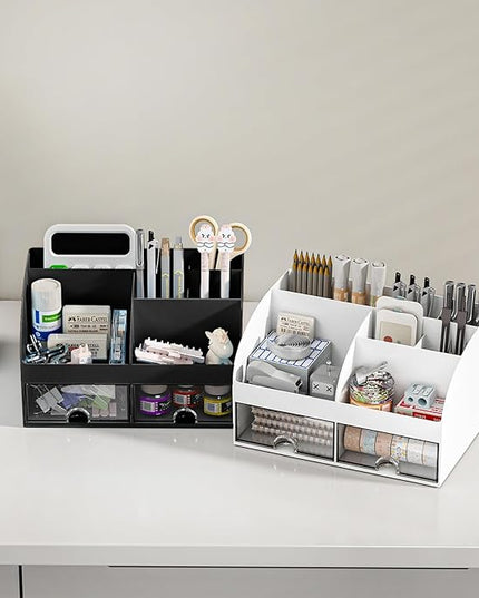 Desk Organizer with 6 Compartments and 2 Drawers, Plastic Makeup Organizer, Pen Holder for Desktop Storage, Desk Organization for School, Home, Office Supplies (Black)