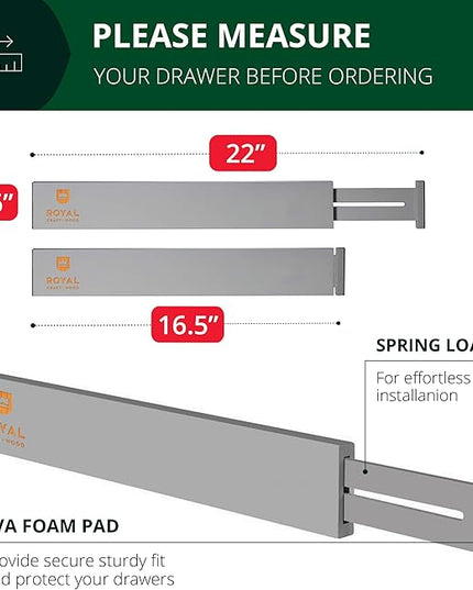 ROYAL CRAFT WOOD Adjustable Bamboo Drawer Dividers Organizers - Expandable Drawer Organization Separators For Kitchen, Dresser, Bedroom, Bathroom and Office, 4-Pack (Large (up to 22")) (Gray)