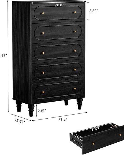 ORRD 5 Drawer Fluted Dresser for Bedroom Set of 2, Mid Century Modern Chest of Drawers, Wood Storage Large Dresser Organizer for Bedroom Living Room Hallway Closet, Black