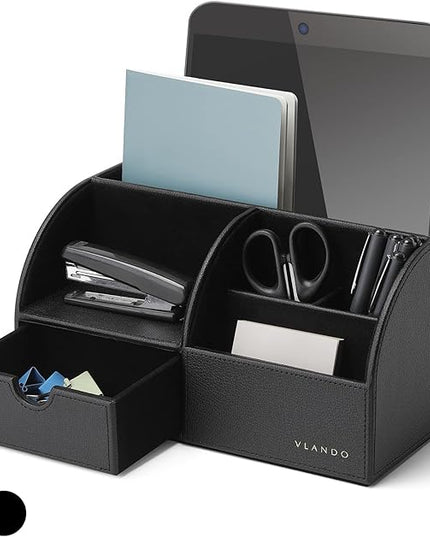 Vlando Office Desk Organizer Leather Desktop Organizer Caddy with Drawer for Storing Desktop Supplies and Accessories (Black)