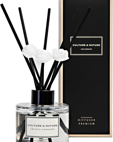 CULTURE & NATURE Reed Diffuser Set 4oz (120ml) Lime Basil & Mandarin Scented Diffuser with Sticks Home Fragrance Reed Diffuser for Bathroom Shelf Decor