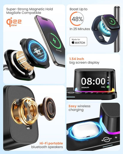 6-in-1 Wireless Charging Station for Multiple Apple Devices with Bluetooth Speakers Alarm Clock Night Light, Qi2.2 Phone Charger Stand for iPhone 17/16/15/14/13/12 Pro Max Apple Watch Airpods