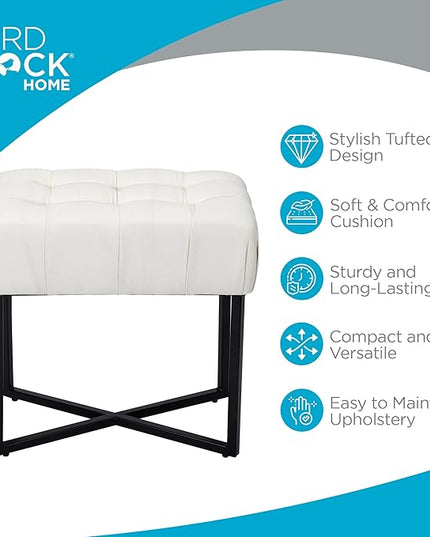 BIRDROCK HOME Rectangular Tufted Foot Stool Ottoman with Soft Padded Cushion - Versatile Vanity Chair for Bedroom, Living Room, Bathroom - Compact Seating for Adults - Cream with Black Metal Legs