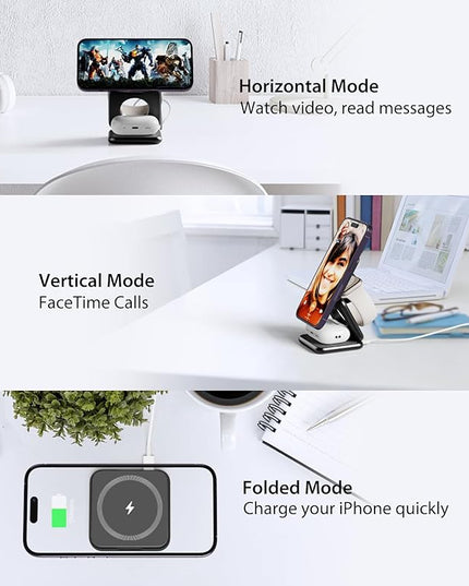 Foldable Magnetic Wireless Charger, KU XIU X40 Aluminum Alloy 3 in 1 Charging Station for Apple, Fast Charging Travel Charger for iPhone 17 16 15 14 13 12, 5W for Apple Watch & AirPods, Black