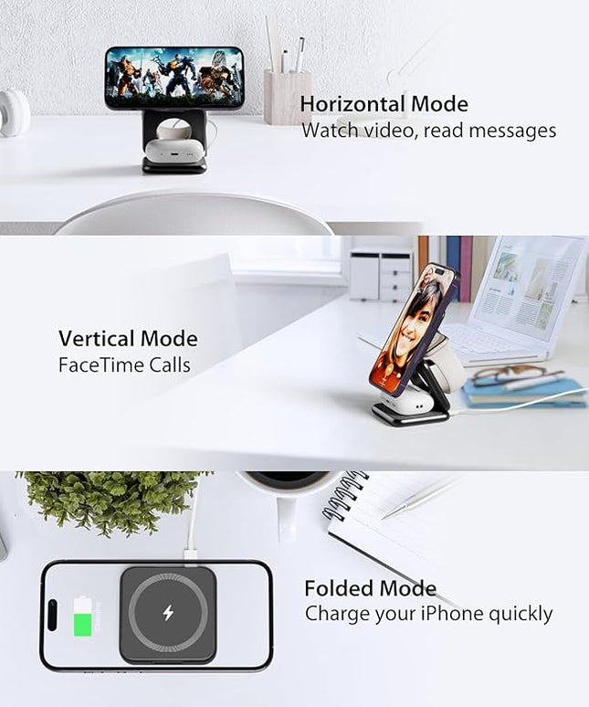 Foldable Magnetic Wireless Charger, KU XIU X40 Aluminum Alloy 3 in 1 Charging Station for Apple, Fast Charging Travel Charger for iPhone 17 16 15 14 13 12, 5W for Apple Watch & AirPods, Black