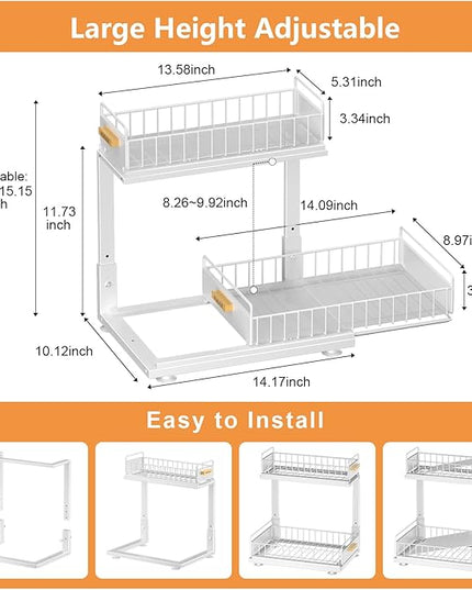 Under Sink Organizer, High Adjustable 2 Tier Under Kitchen Sink Organizer, Multi-Purpose Storage Shelf for Kitchen Bathroom Cabinet, White