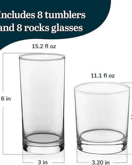 Libbey Province Tumbler and Rocks Glass Set, Elegant Drinkware Glasses Set, Tall Drinking Glasses with Modern Lines, Dishwasher Safe Drinking Glasses Set of 16