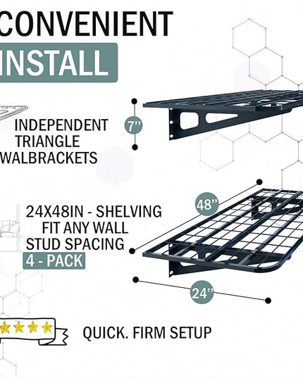 4-Pack 2x4ft Garage Wall Shelving, 4 Shelf Total 16 ft(L) Garage Shelving Wall Mounted, Heavy-Duty Storage Shelves, Perfect for Holding Storage Bins, Sporting Goods, Tools, and More Space-Saving