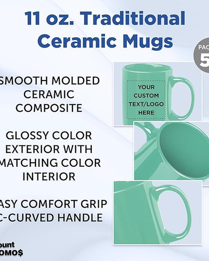 Custom Ceramic Coffee Mugs 11 oz. Set of 50, Personalized Bulk Pack - Coffee cup set, Iced coffee cup, Gaming mug - Teal