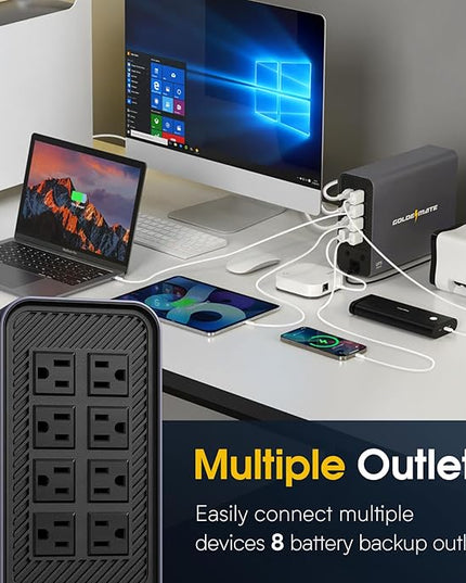 GOLDENMATE 1000VA/800W Lithium UPS Battery Backup and Surge Protector, Sinewave UPS System with LiFePO4 Battery(230Wh), Updated Pro Ver. with USB Communication Port, 8 Outlets, LCD Display, Gray
