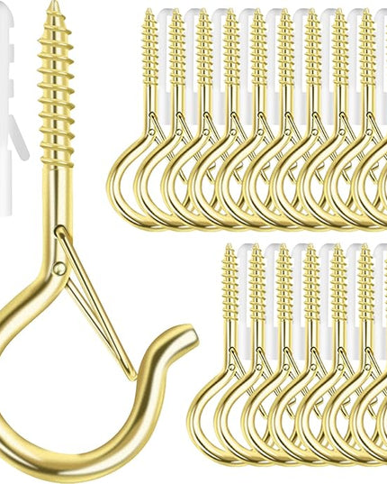 35 PCS Screw-in Hooks for Outdoor String Lights, Q Hangers Hooks Outdoor for Outside, Swivel Hanging Basket Patio Light Hooks with Safe Buckle Screw in Planter Eye Hook for Wall Ceiling, Gold