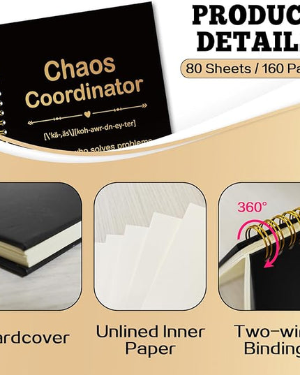 YAZMEEN Chao Coordinator Black Gold Spiral Notebook（160 Pages） Chao Coordinator Definition Hardcover Notebook Employee Appreciation Gift Office Humor Gift Funny Birthday Gift for Teacher Boss Leader