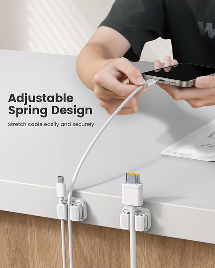 3-in-1 Cord Organizer Spring Clip Holder - Lamicall Small Desk Cable Organizer Clips, Adhesive Adjustable Wire Holder for Phone Charging Cord, Cable Management, Office Desk Accessories, White, 3Pcs