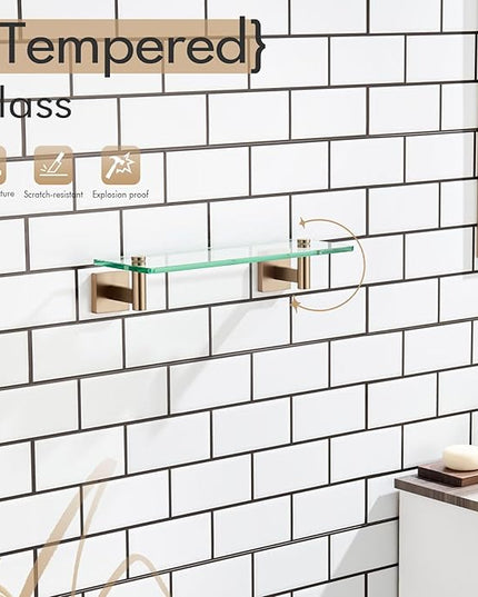 KOKOSIRI Wall Shelves Bathroom Hardware Glass Floating Shelf 12-Inch for Bedroom, Living Room, Kitchen, Hanging Rack Champagne Bronze B1105CPG-L12