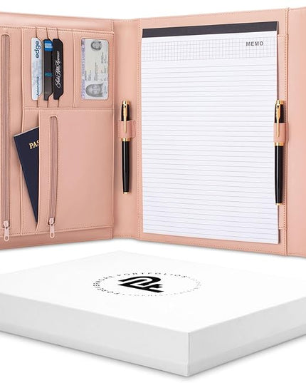 FOREVERMORE PORTFOLIOS Padfolio Binder Organizer for Women | Faux Leather Portfolio Folder for Resume, Documents, Notebook, Tablet and Business Cards | Notepad Included - Pink with Gold Edge