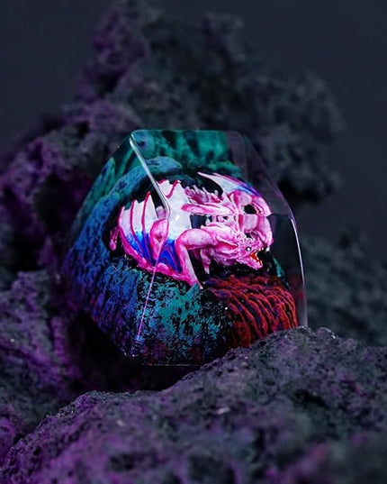 Pink Dragon with Volcano Cool Artisan Keycap R1 SA Profile Custom Fantasy Dragon Keycaps 1U ESC Handmade Gaming Resin Key Cap Cherry MX Switch Compatible Mechanical Keyboard Dragon Lover Gift