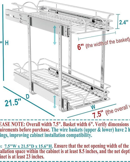 OCG 2 Tier Pull Out Cabinet Organizer (7.5" W x 21.5" D), Pull Out Drawers for Kitchen Cabinets, Pull Out Shelves for Base Cabinet Organization in Kitchen Bathroom Pantry, Chrome Finish