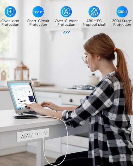 VILONG Recessed Power Strip with PD 20W USB-C, Flush Mounted Drawer Outlet, 4 Outlets & 3 USB Ports, Conference Desktop Built in Power Strip, 6.5FT Extension Cord(White)