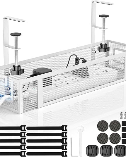 Under Desk Cable Management Tray - GZOKMOG No Drill Cord Organizer with Clamp, Reinforced Metal Mesh Workspace Organizers for Wire, Office Desk Accessories, 1 Pack White, 15.75 inch