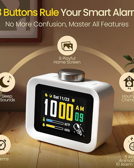 AIRIVO Alarm Clock, Colorful LCD Display with 8 Visual Themes, 4 Digital Alarms with 30 White Noise for Bedrooms, 112dB Loud Alarm Clock with Hourly Chime for Heavy Sleepers, Gift for Kids Teens