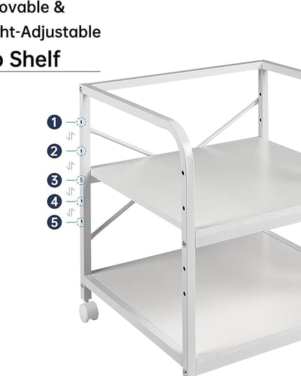 20 Inches Deep Large Printer Stand, 2 Tier Under Desk Printer Table with Height Adjustable Shelf, Rolling Printer Cart with Wheels for Home Office Storage - White