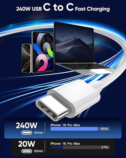 USB C to USB C,240W USB-C Woven Charge Cable,6.6ft 2Pack USB C Cable Fast Charging Cord for Apple MacBook Pro/MacBook Air,iPad Pro/Air,iPad mini,iPhone 16 15 Pro Max Plus Compatible 140W/100W/60W/45W